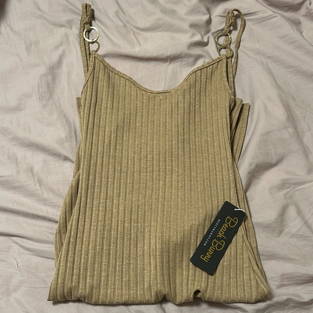 Beach Bunny Fitted and Ribbed Backless Midi Dress in Nude